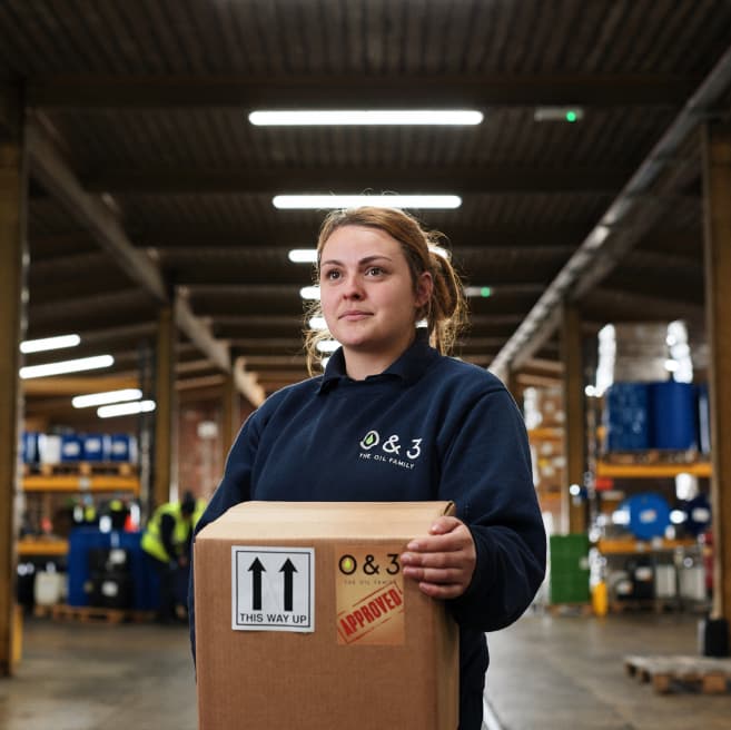 woman in a factory, holding a box